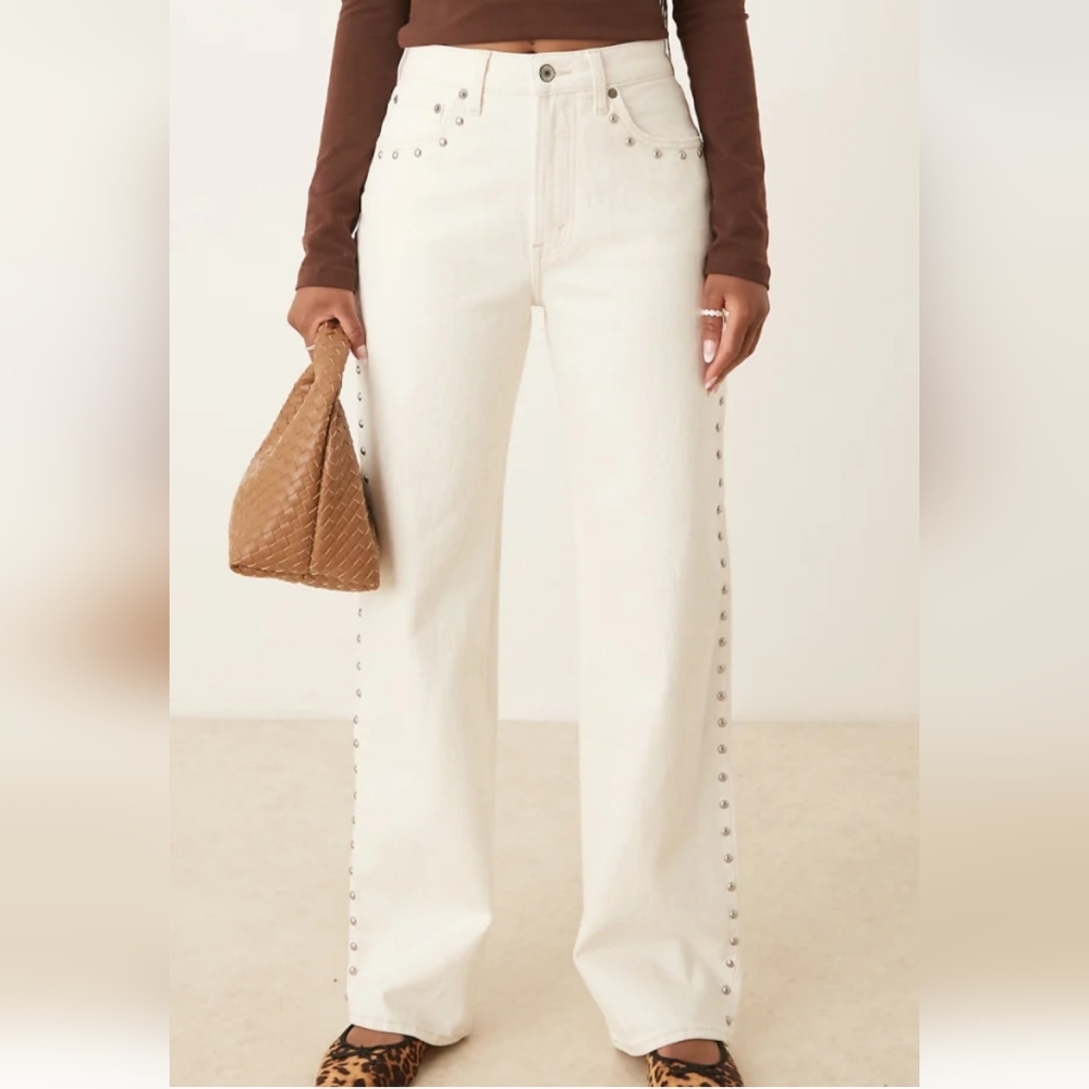 Abercrombie And Fitch Cream Stud-Trim Straight-Leg Jeans